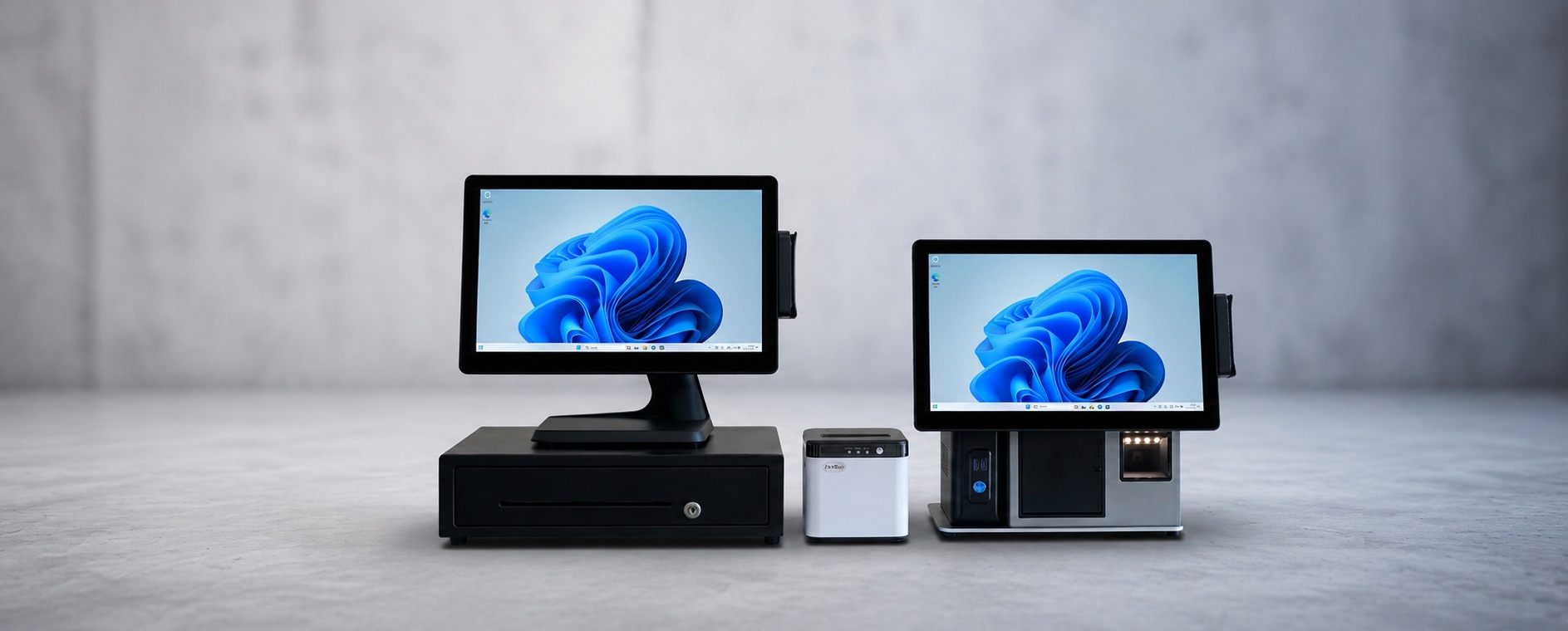 POS terminal on a cash drawer, thermal printer and all-in-one POS with scanner