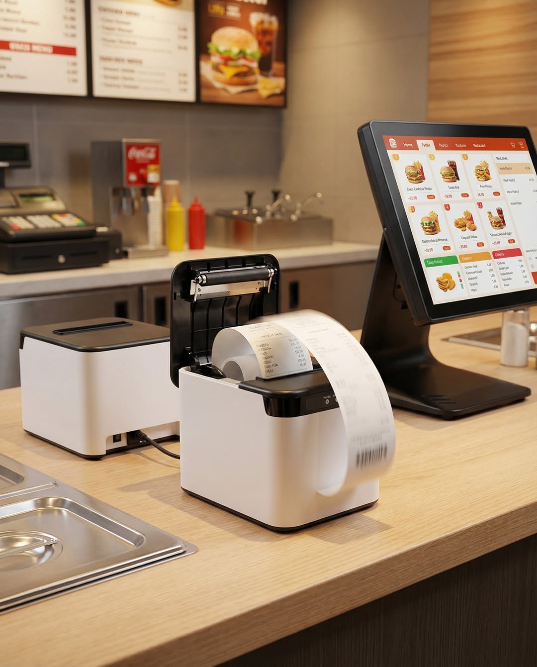 Fast-food counter with IBT thermal printers and POS terminal